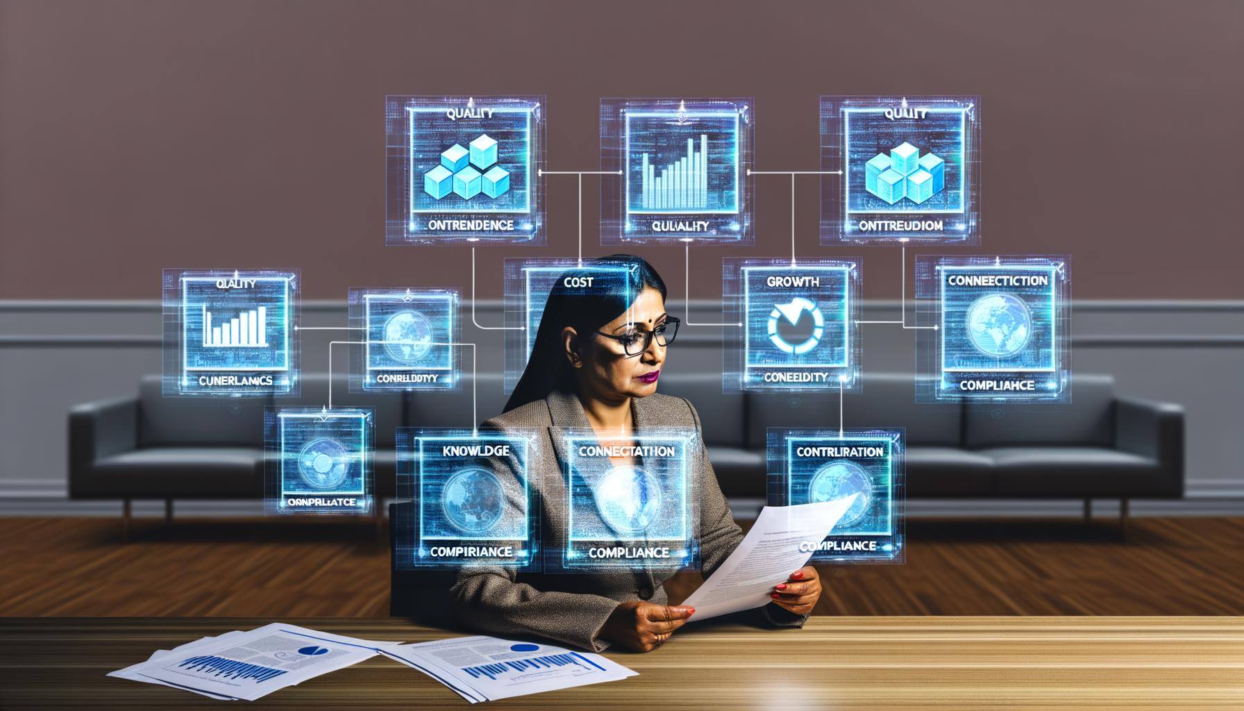 An image of evaluating suppliers based on quality, cost, knowledge, connectivity, growth, contribution, and compliance